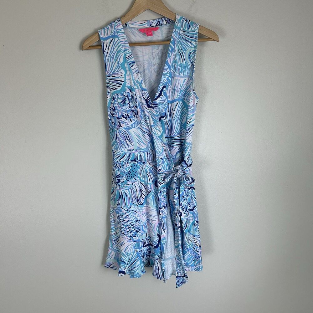 Lilly Pulitzer Rilla Wrap Romper In Bermuda Blue Fishful Thinking size Large L